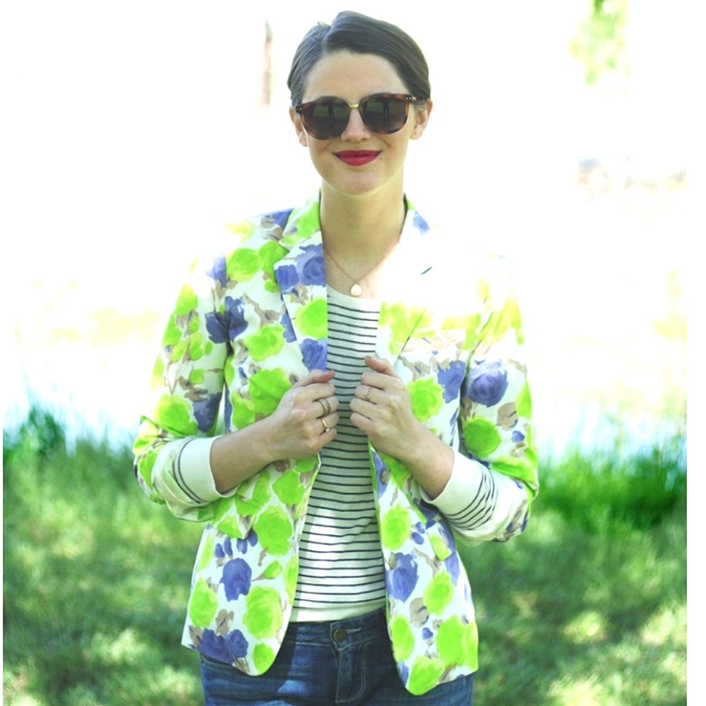 J.CREW  Nwt White/ Lavender/Lime/ Floral Longsleeve Collared Blazer